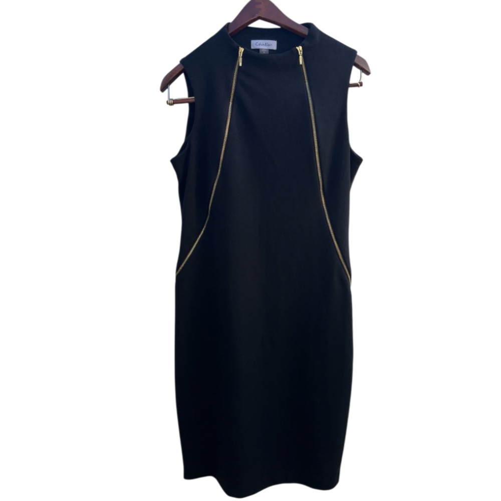 Calvin Klein Women's Size 8 Black Gold Double Zippers Design Sheath‎ Dress Work - Picture 2 of 11